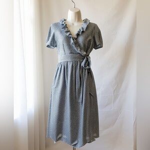 J.Crew Blue Silk Wrap Dress Ruffle Detail V-Neck Size 4